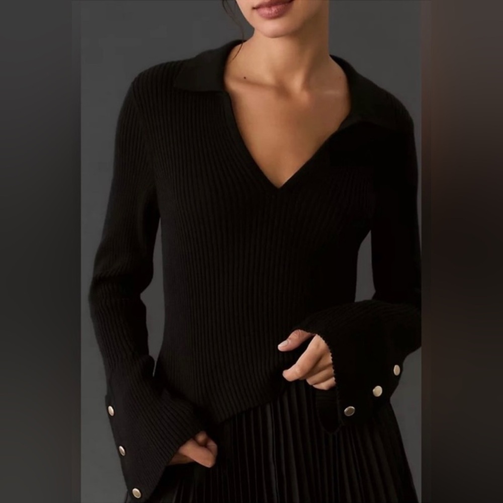 Anthropologie Maeve Black Bell-Sleeve Ribbed Knit Sweater